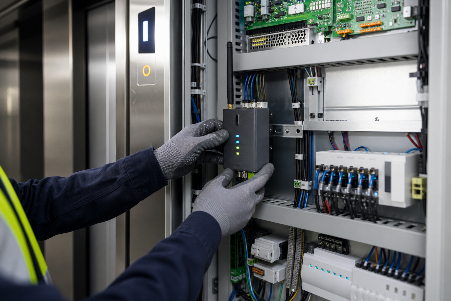Engineer installing a lift alarm cellular gateway